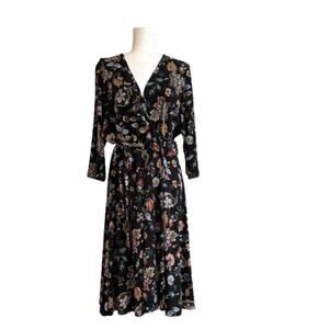 Leota Plus Dress Black Floral 3/4 Sleeve Faux Wrap Belted Midi Dress Size 2X